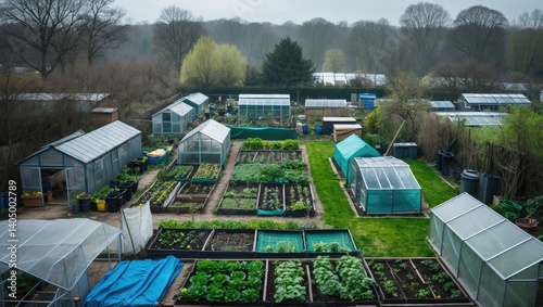 City-based allotments with sheds, greenhouses, and spaces for vegetable and flower cultivation