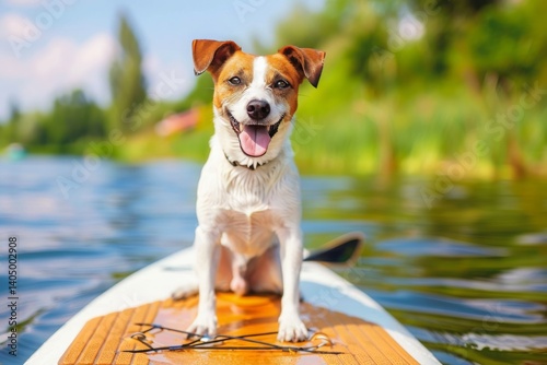 Joyful dog on paddleboard in sunny lake outdoors adventure