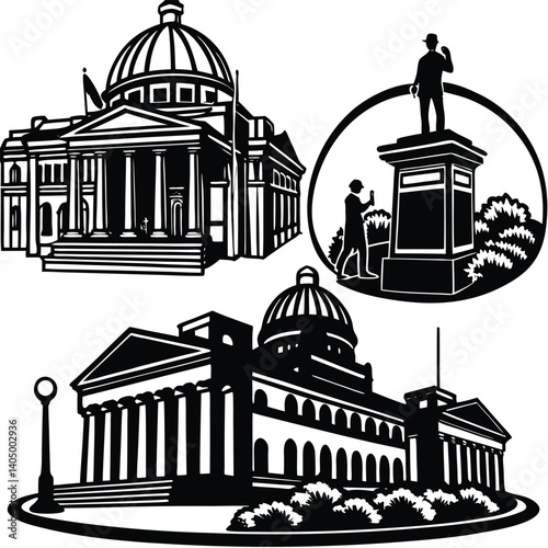 Black and White Vector Illustration of State Capitol Building and Statue Monument, Government Architecture Graphic Design