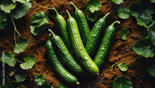 Cucumis melo var. flexuosus: A salad vegetable featuring elongated, curved fruits that grow on a vine adorned with tendrils and small yellow flowers. photo