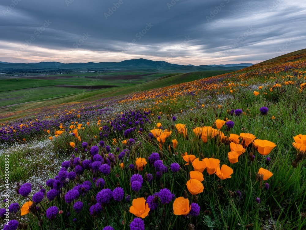 Obraz premium Vibrant wildflowers bloom on rolling hills at sunset