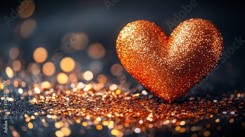 Glittering heart on textured surface, bokeh lights, intimate, warm