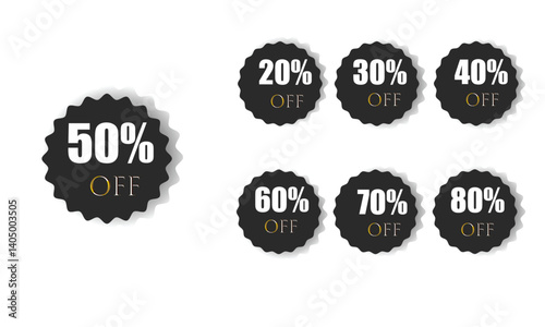 Discount label banner with different sale percentage. 20, 30, 40, 50, 60, 70, 80 percent off price reduction badge promotion design emblem set vector illustration isolated on white background . SALE