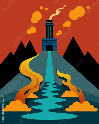 A river of waste is fed into the mouth of the incinerator where it meets its fiery demise.. Vector illustration