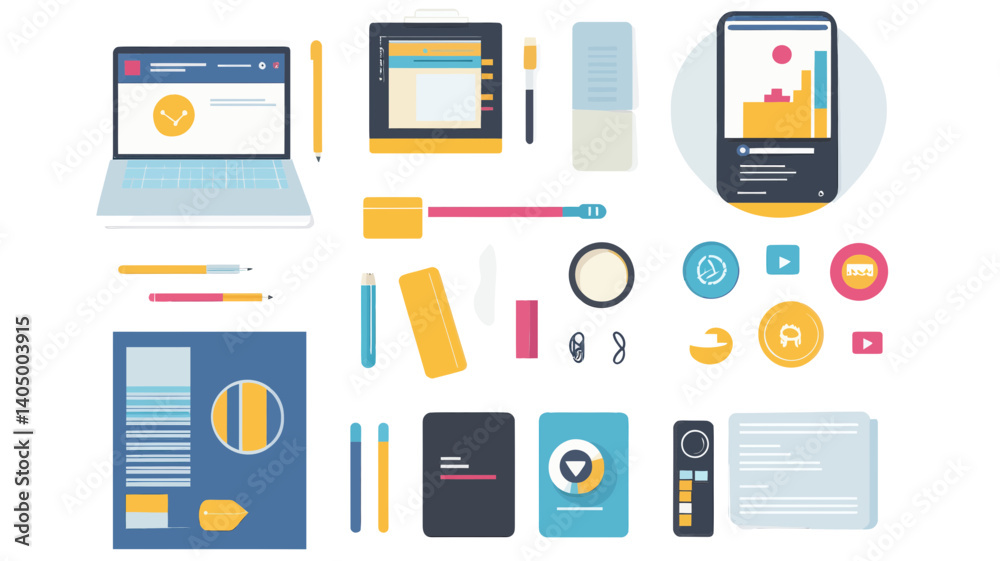 Vector Set of Mobile and Web Interface Elements Including Laptop, Smartphone, UI/UX Design Icons, and Office Supplies Vector Set of Mobile and Web Interface Elements Including Laptop, Smartphone, UI/UX Design Icons, and Office Supplies
