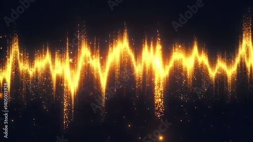Abstract Golden Wave Form with Bright Sparkles on Dark Background