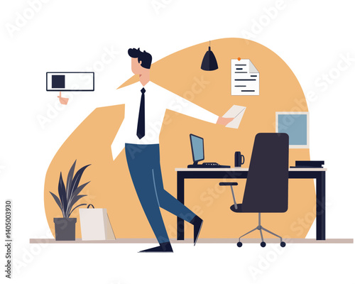 Hybrid Work Concept Post-COVID: Employee Balancing Remote Home Office and Onsite Work for Productivity and Results - Flat Minimalist SVG Vector