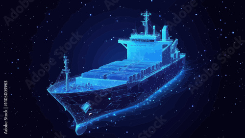 Abstract Low Poly 3D Cargo Ship in Starry Dark Blue Background Vector - Transportation, Shipping, Logistics, and International Trade Concept Illustration