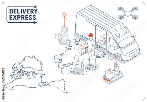 Isometric illustration of a global delivery shipping service provides smart logistics for export, import, and local distribution, delivering online orders from couriers directly to homes worldwide.