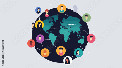 Global Social Media Network Concept with Diverse User Avatars Connected Around World Map