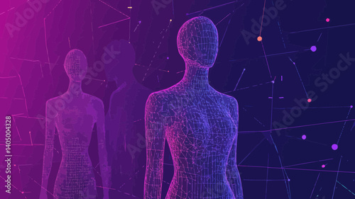 Polygonal 3D Mannequin Fashion Wireframe Banner - Dressmaker Atelier, Designer Workshop, Boutique Illustration in Low Poly Mesh Art