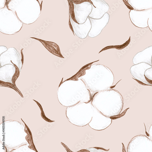 cotton flowers on a beige background, hand-drawn raster drawing with colored pencils, seamless pattern