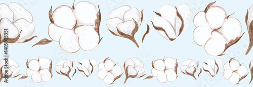 cotton flowers on a light blue background, raster hand drawing with colored pencils, seamless pattern, horizontal border