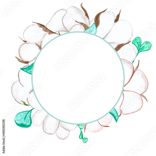 cotton flowers and green leaves and twigs on a white background, raster hand drawing with colored pencils, decorative round frame for postcards, invitations