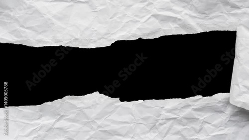 Animated torn paper frame isolated on black background, Stop motion ripped crumpled page sheet for message, empty old note piece edge strip, back to school design, scrap business study idea concept