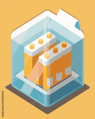 A pack of batteries with each one encased in a plastic bubble contained within a plastic box and then wrapped in plastic film.. Vector illustration