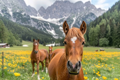 beautiful red horses in the meadow on a sunny bright day