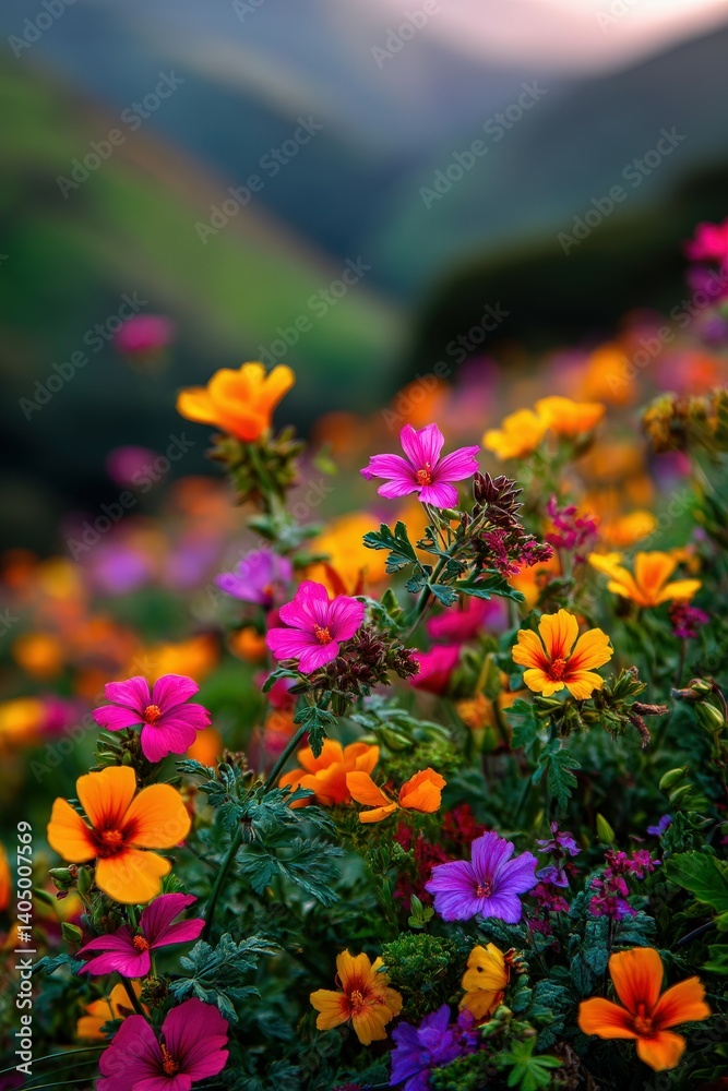 Obraz premium Vibrant wildflowers bloom in the hillside meadow