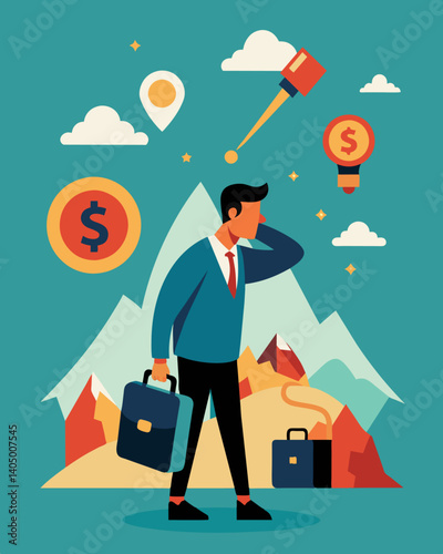 A traveler struggling to find a currency exchange that will accept their devalued currency leaving them with little spending power in a foreign country.. Vector illustration