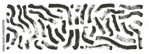 Black ink wavy brush stroke streak lines. Hand drawn dark vector long thick shapes. Paintbrush dye linear scribble elements set isolated on white background. Marker grunge curved stripes.