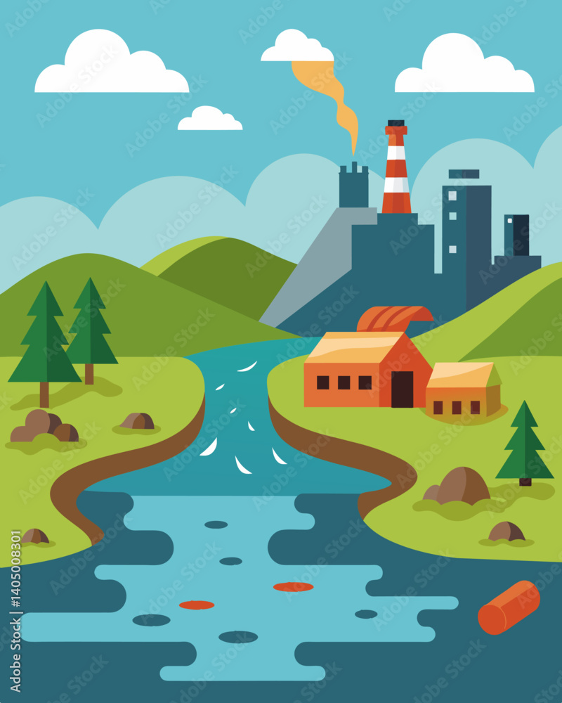The once thriving ecosystem of a river deteriorating due to the constant dumping of factory waste.. Vector illustration The once thriving ecosystem of a river deteriorating due to the constant dumping of factory waste.. Vector illustration