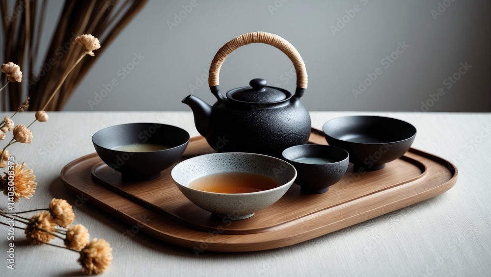 Sturdy wooden table adorned with dried flowers and a starry teapot filled with tea alongside a light-colored tea bowl in a traditional tea set on a solid wood tray Sturdy wooden table adorned with dried flowers and a starry teapot filled with tea alongside a light-colored tea bowl in a traditional tea set on a solid wood tray