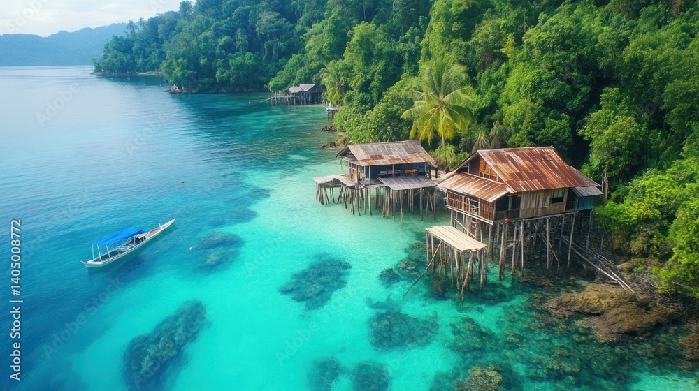 Pristine tropical coastline with stilt houses. Turquoise water, lush jungle Pristine tropical coastline with stilt houses. Turquoise water, lush jungle