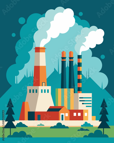 Prior to the construction of a new power plant an indepth study was carried out to analyze the potential carbon emissions and impact on air quality in the surrounding area.. Vector illustration