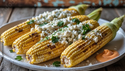 Street corn from Mexico with chili mayo and cotija cheese photo