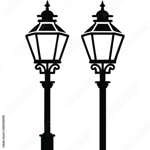 Pair of classic Victorian-style lamp posts, black silhouette.