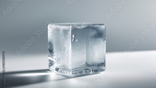 Clear, textured, natural ice cube.