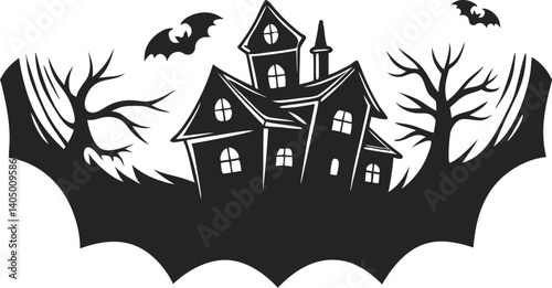 Haunted House Silhouette with Bats and Leafless Trees