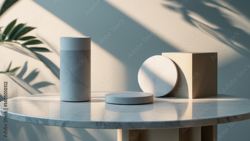 Elegant marble table casting plant shadow on wall and podium for product showcasing. Stylish neutral aesthetic mockup design for beauty and cosmetics setting. Elegant marble table casting plant shadow on wall and podium for product showcasing. Stylish neutral aesthetic mockup design for beauty and cosmetics setting.