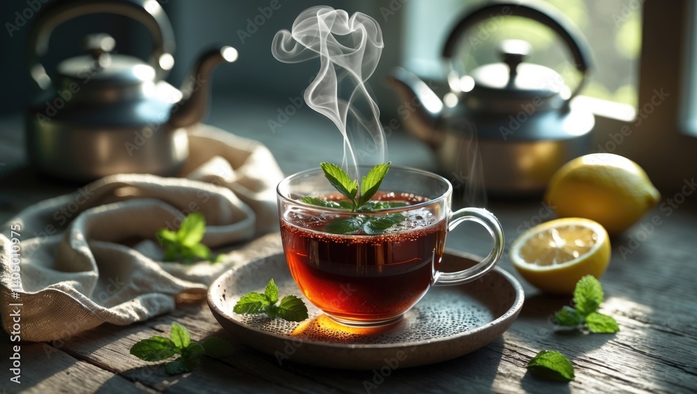Cup of warm scented tea with mint and lemon placed on the table Cup of warm scented tea with mint and lemon placed on the table