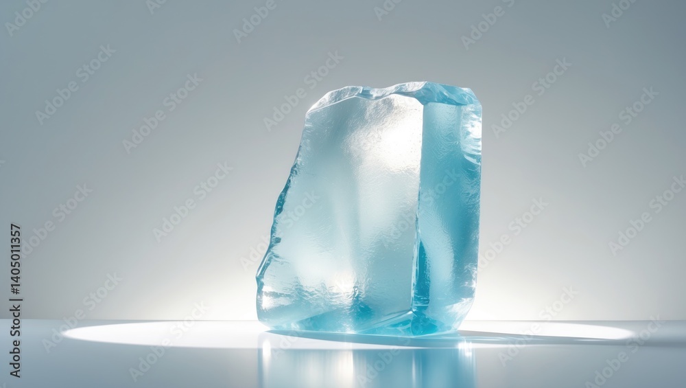 Transparent natural ice cube on a shiny white surface.