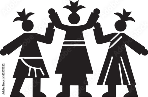 A collection of black silhouettes depicting various people, animals, and objects, likely from a historical or fantasy setting.