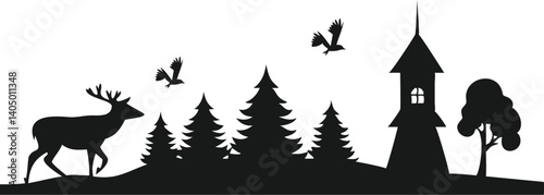 Silhouette of Deer, Pine Trees, Birds, and Church Tower