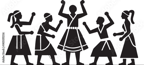 A collection of black silhouettes depicting various people, animals, and objects, likely from a historical or fantasy setting.