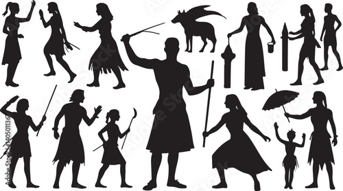 A collection of black silhouettes depicting various people, animals, and objects, likely from a historical or fantasy setting.