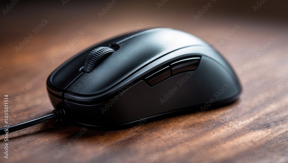 Closeup of a black wired computer mouse. Closeup of a black wired computer mouse.
