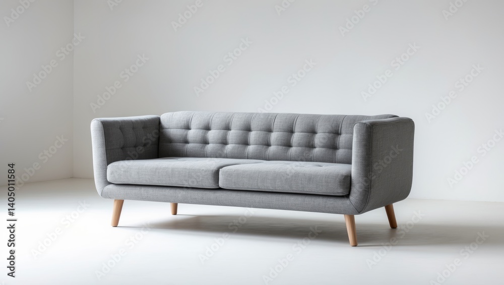 Grey fabric modern sofa set against a white backdrop