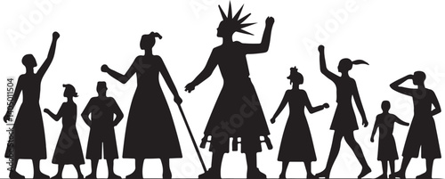 A collection of black silhouettes depicting various people, animals, and objects, likely from a historical or fantasy setting.