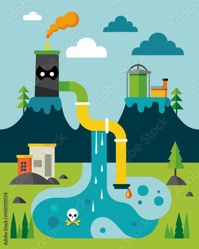 A treacherous flow of landfill leachate carrying a toxic load that can have severe consequences for the surrounding ecosystem.. Vector illustration