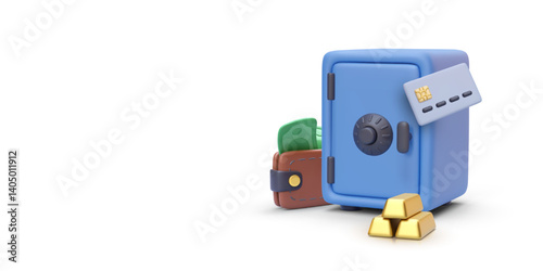 3d Safe Vault With Credit Card, Cash, Wallet, and Gold Bars Representing Security and Wealth Storage. Perfect for Banking, Savings, or Investment Concepts. Vector Illustration.
