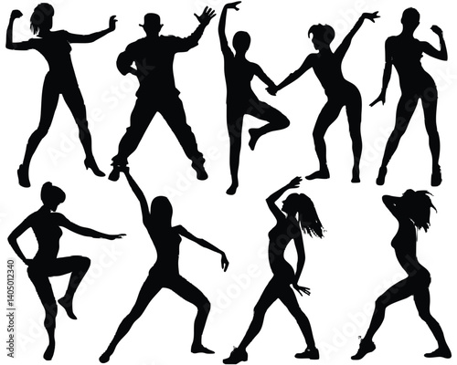 Dance Silhouettes: Group of People Dancing, Black & White Vector Illustration, Dancer Poses, Artistic Design, Movement & Energy Graphics