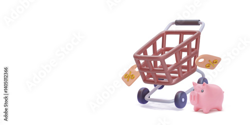 Shopping Cart With Discount Tags And Piggy Bank In 3D Cartoon Style. Perfect For Budgeting, Savings, And Online Store Concepts. Vector Illustration.