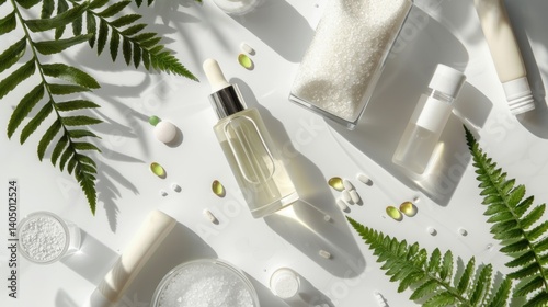 Elegant beauty product arrangement with botanical accents on a clean surface