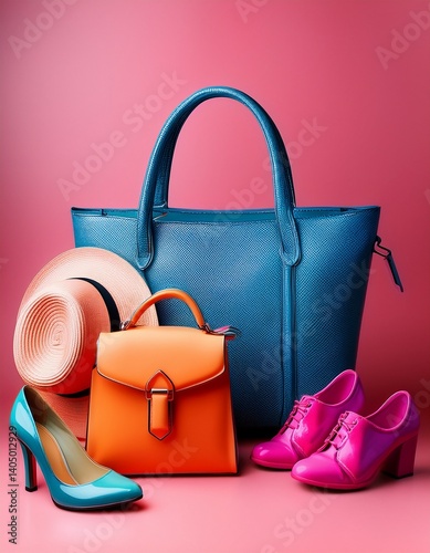 neon colorful hand bags, purse, shoes, and hat