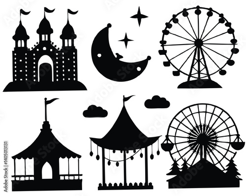 Carnival Silhouette Vector: Ferris Wheel, Castle, Tents, Moon, Stars - Amusement Park, Fairground Clip Art, Black and White Illustration