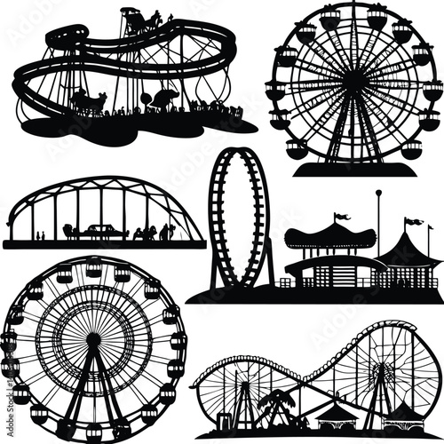 Amusement Park Rides Silhouette Vector: Roller Coaster, Ferris Wheel, Carousel, Thrill Rides, Carnival Attractions, Black and White Illustration